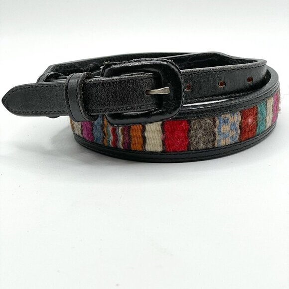 Vintage Indian Blanket Inset Black Leather Removable Buckle Waist Belt 25"-29" - Picture 1 of 10